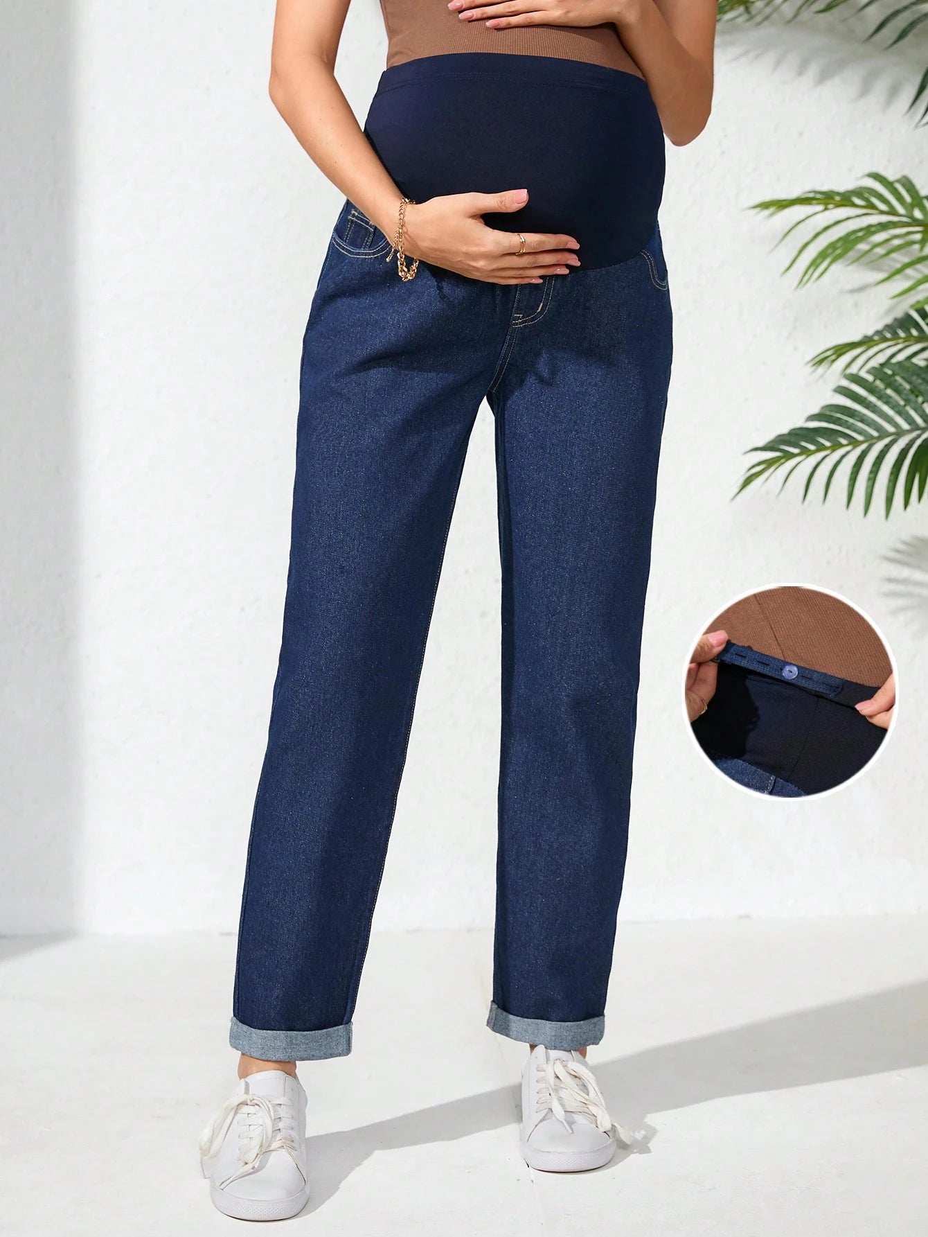 جينز كاجوال واسع وفضفاض مع خصر قابل للتعديل مناسب للحوامل - Pink&blue