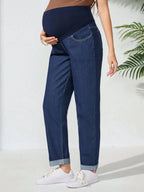 جينز كاجوال واسع وفضفاض مع خصر قابل للتعديل مناسب للحوامل - Pink&blue