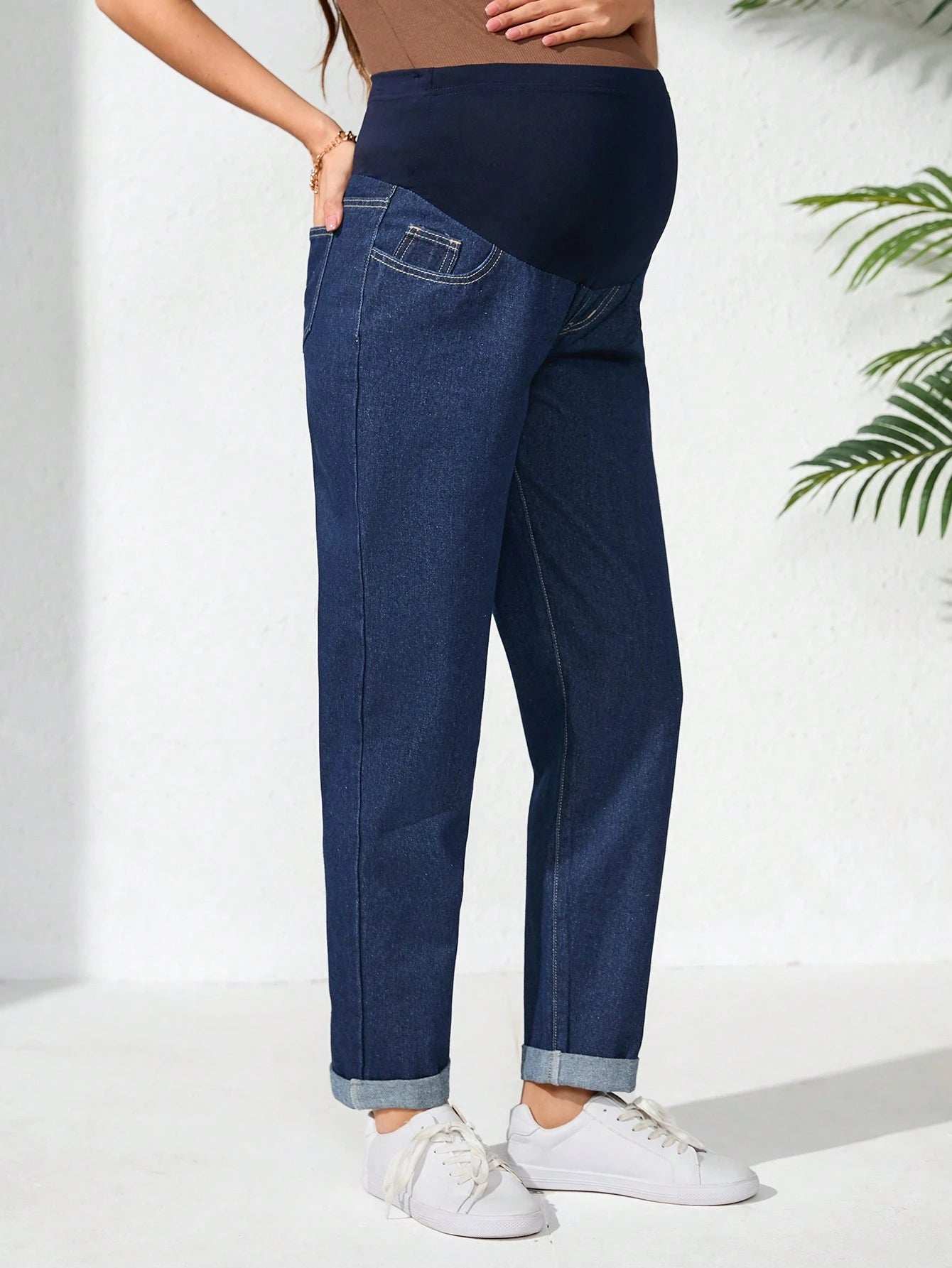 جينز كاجوال واسع وفضفاض مع خصر قابل للتعديل مناسب للحوامل - Pink&blue