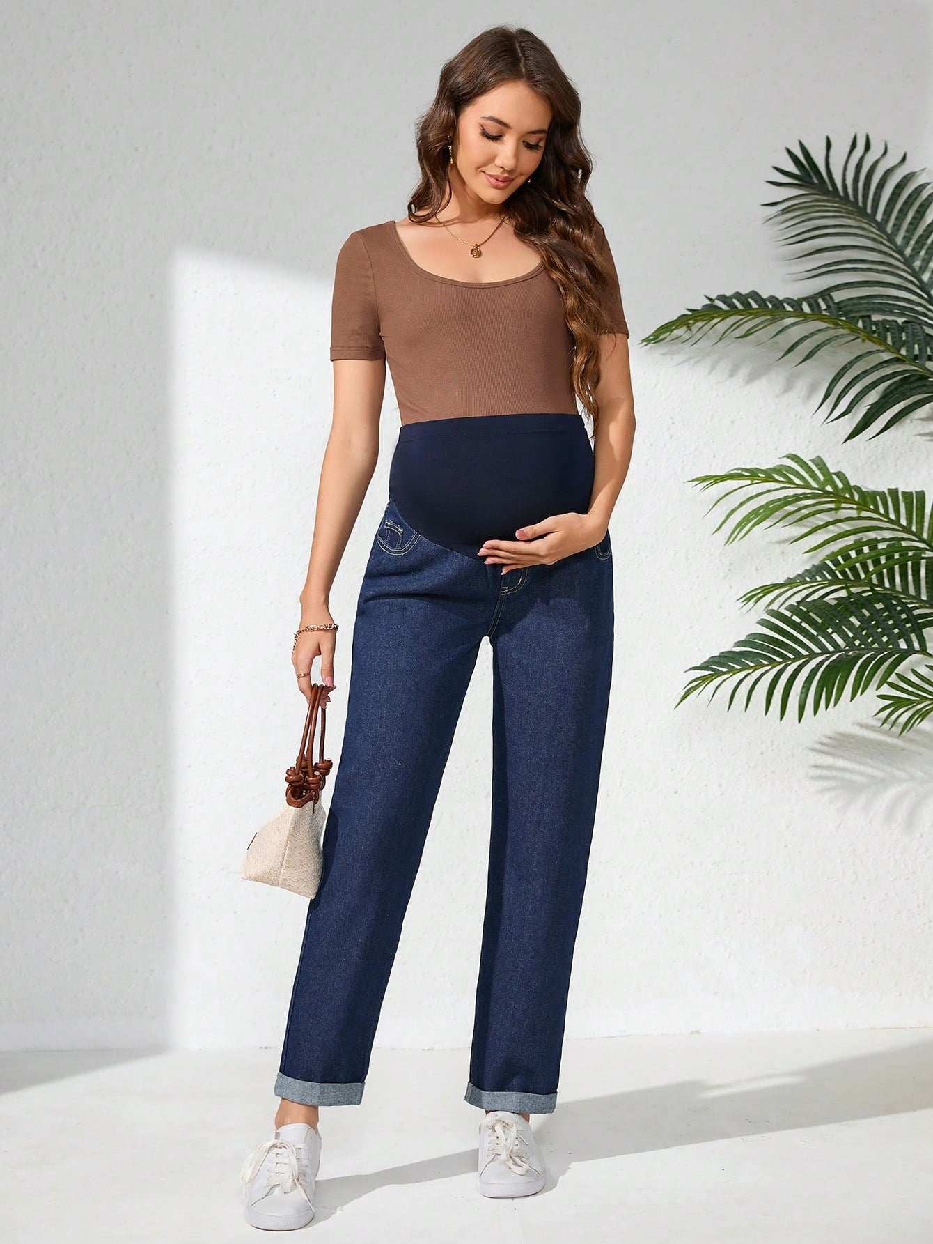 جينز كاجوال واسع وفضفاض مع خصر قابل للتعديل مناسب للحوامل - Pink&blue