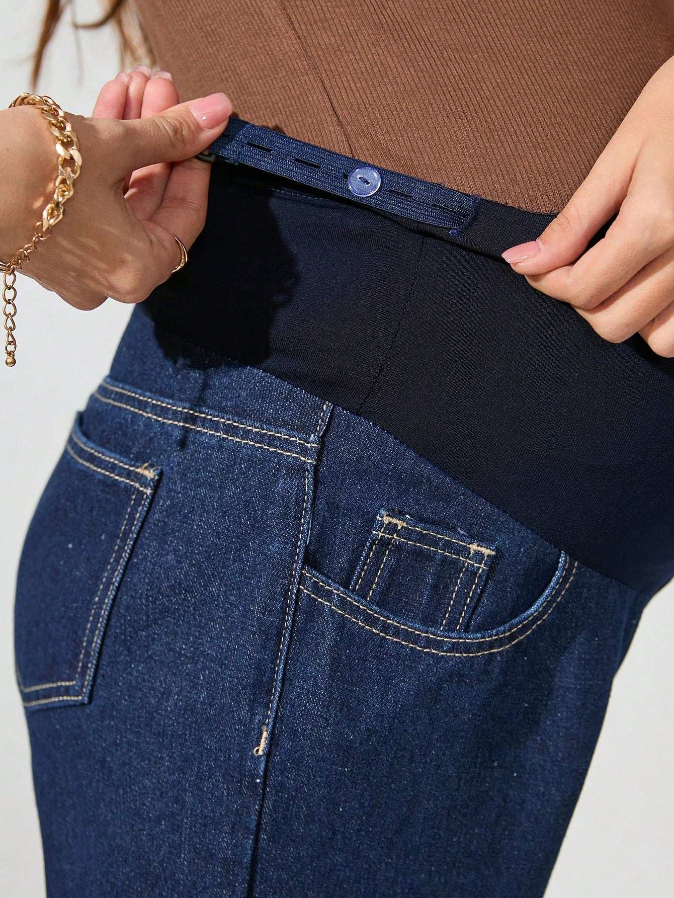 جينز كاجوال واسع وفضفاض مع خصر قابل للتعديل مناسب للحوامل - Pink&blue