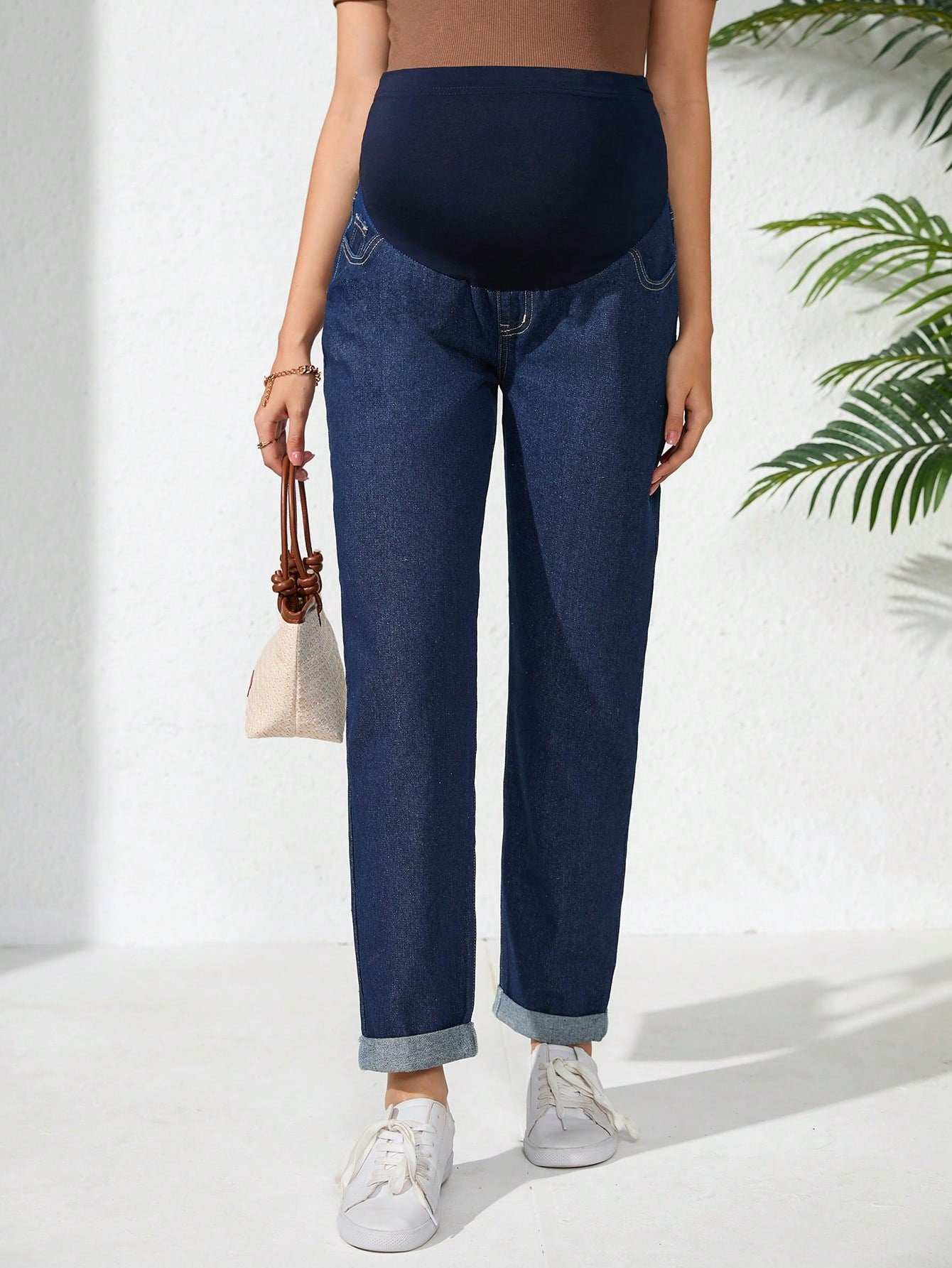 جينز كاجوال واسع وفضفاض مع خصر قابل للتعديل مناسب للحوامل - Pink&blue