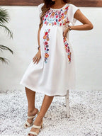 فستان كاجوال بياقة دائرية وأكمام قصيرة رسومات زهور للأمهات للعطلات والمهرجانات الموسيقية - Pink&blue