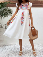 فستان كاجوال بياقة دائرية وأكمام قصيرة رسومات زهور للأمهات للعطلات والمهرجانات الموسيقية - Pink&blue