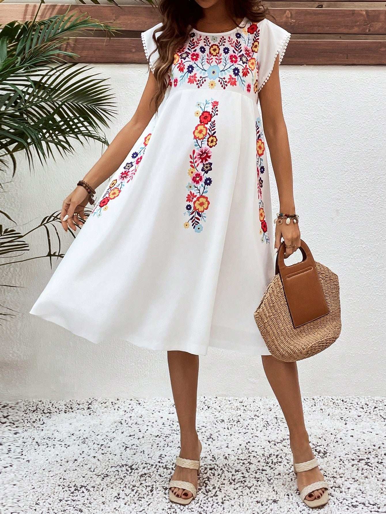 فستان كاجوال بياقة دائرية وأكمام قصيرة رسومات زهور للأمهات للعطلات والمهرجانات الموسيقية - Pink&blue