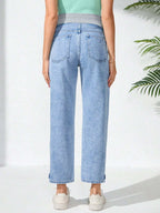 سراويل جينز سادة ملونة لل حوامل بتصميم لاصق القيطان بجيب عادي - Pink&blue