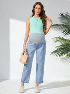 سراويل جينز سادة ملونة لل حوامل بتصميم لاصق القيطان بجيب عادي - Pink&blue