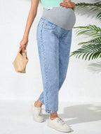 سراويل جينز سادة ملونة لل حوامل بتصميم لاصق القيطان بجيب عادي - Pink&blue