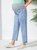 سراويل جينز سادة ملونة لل حوامل بتصميم لاصق القيطان بجيب عادي - Pink&blue