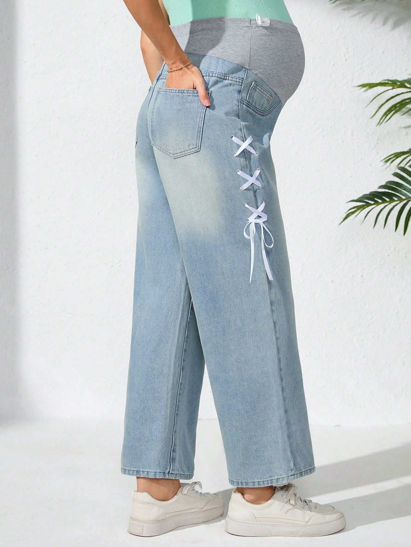 بنطلون جينز للحوامل كاجوال، عصري ومريح للارتداء اليومي - Pink&blue