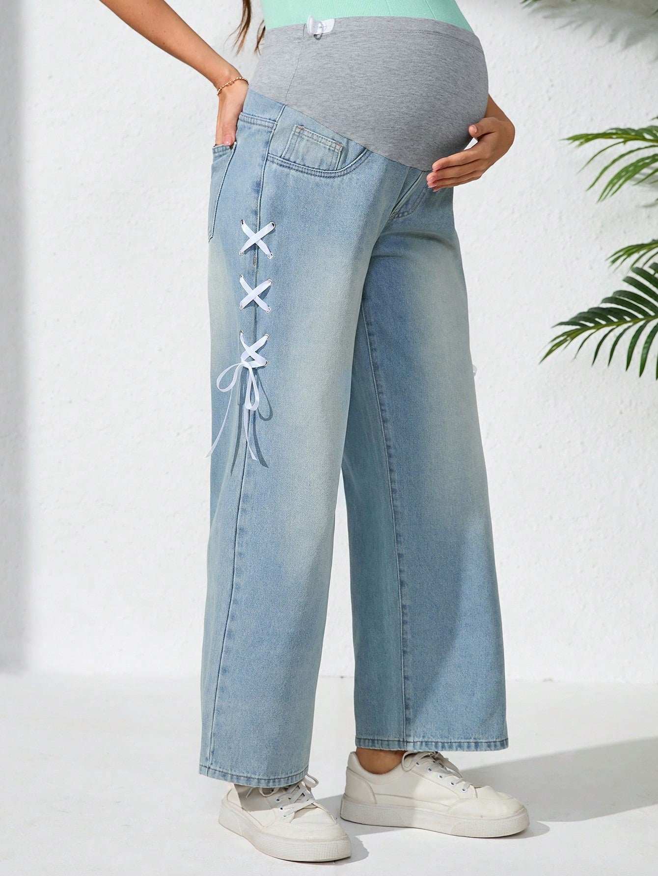 بنطلون جينز للحوامل كاجوال، عصري ومريح للارتداء اليومي - Pink&blue