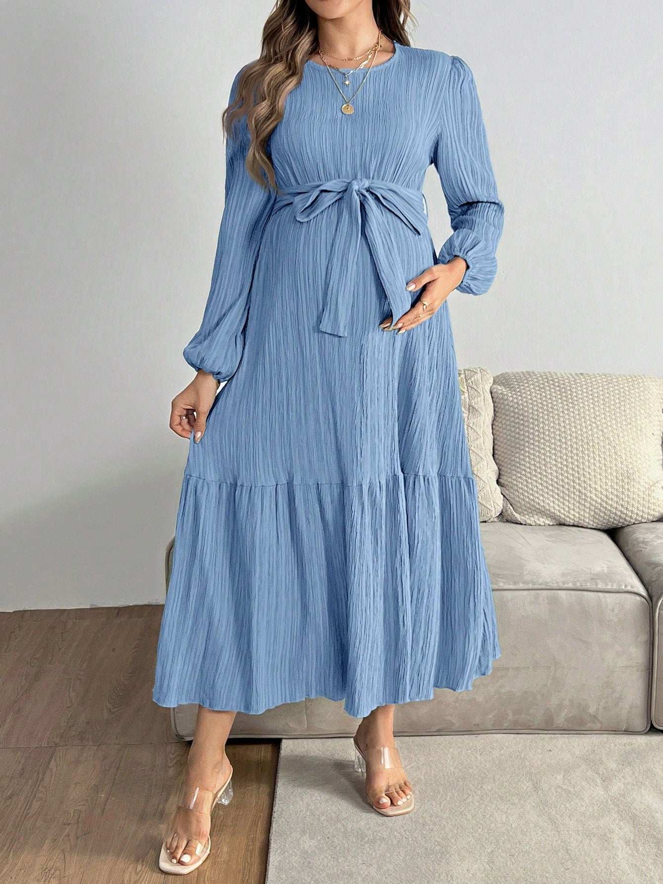 فستان حمل عادي بلون واحد ذو رقبة مستديرة وأكمام فانوس مع حافة مطرزة - Pink&blue