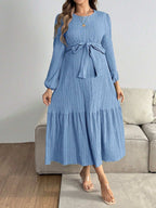 فستان حمل عادي بلون واحد ذو رقبة مستديرة وأكمام فانوس مع حافة مطرزة - Pink&blue