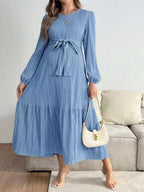 فستان حمل عادي بلون واحد ذو رقبة مستديرة وأكمام فانوس مع حافة مطرزة - Pink&blue