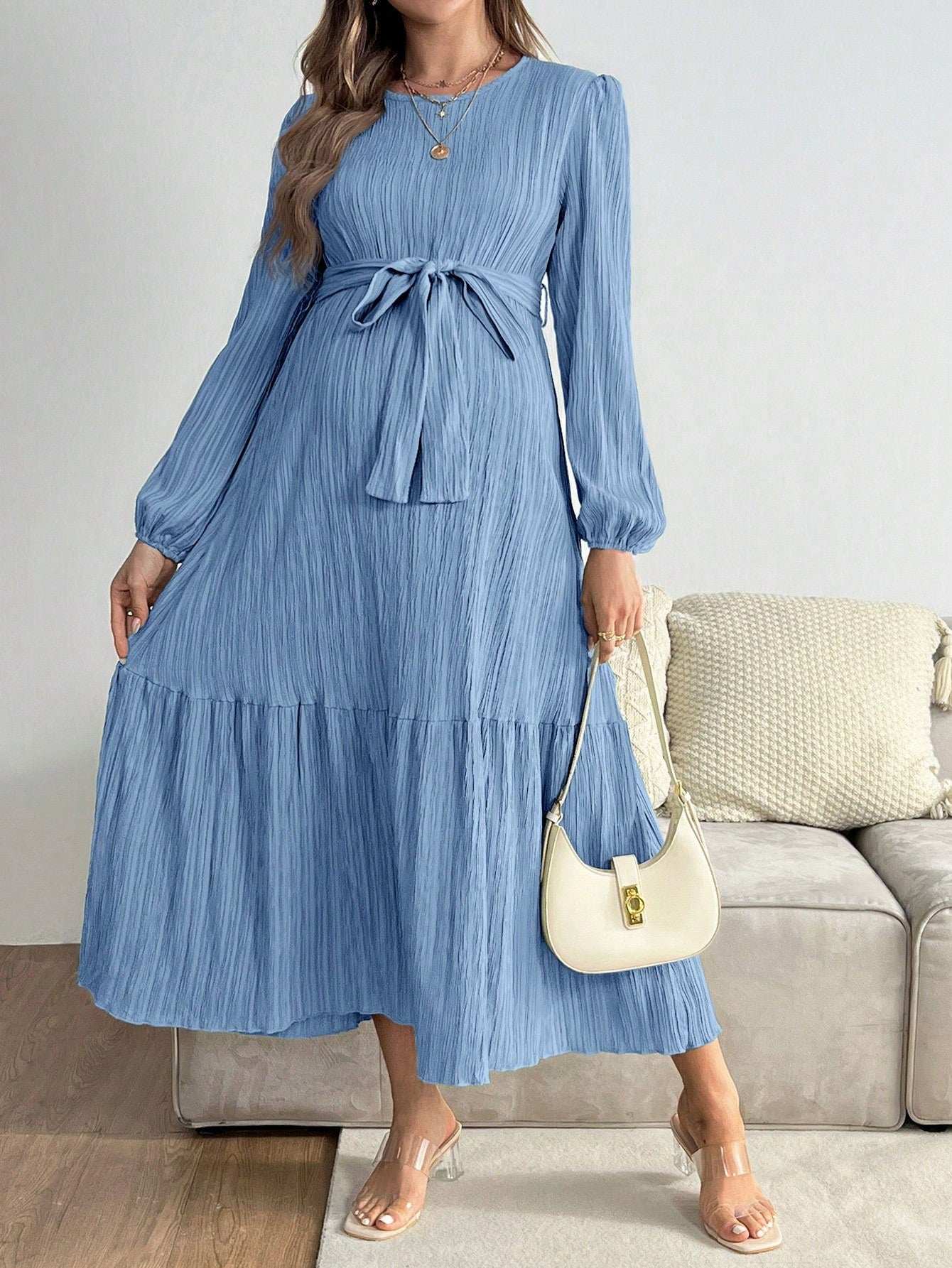 فستان حمل عادي بلون واحد ذو رقبة مستديرة وأكمام فانوس مع حافة مطرزة - Pink&blue