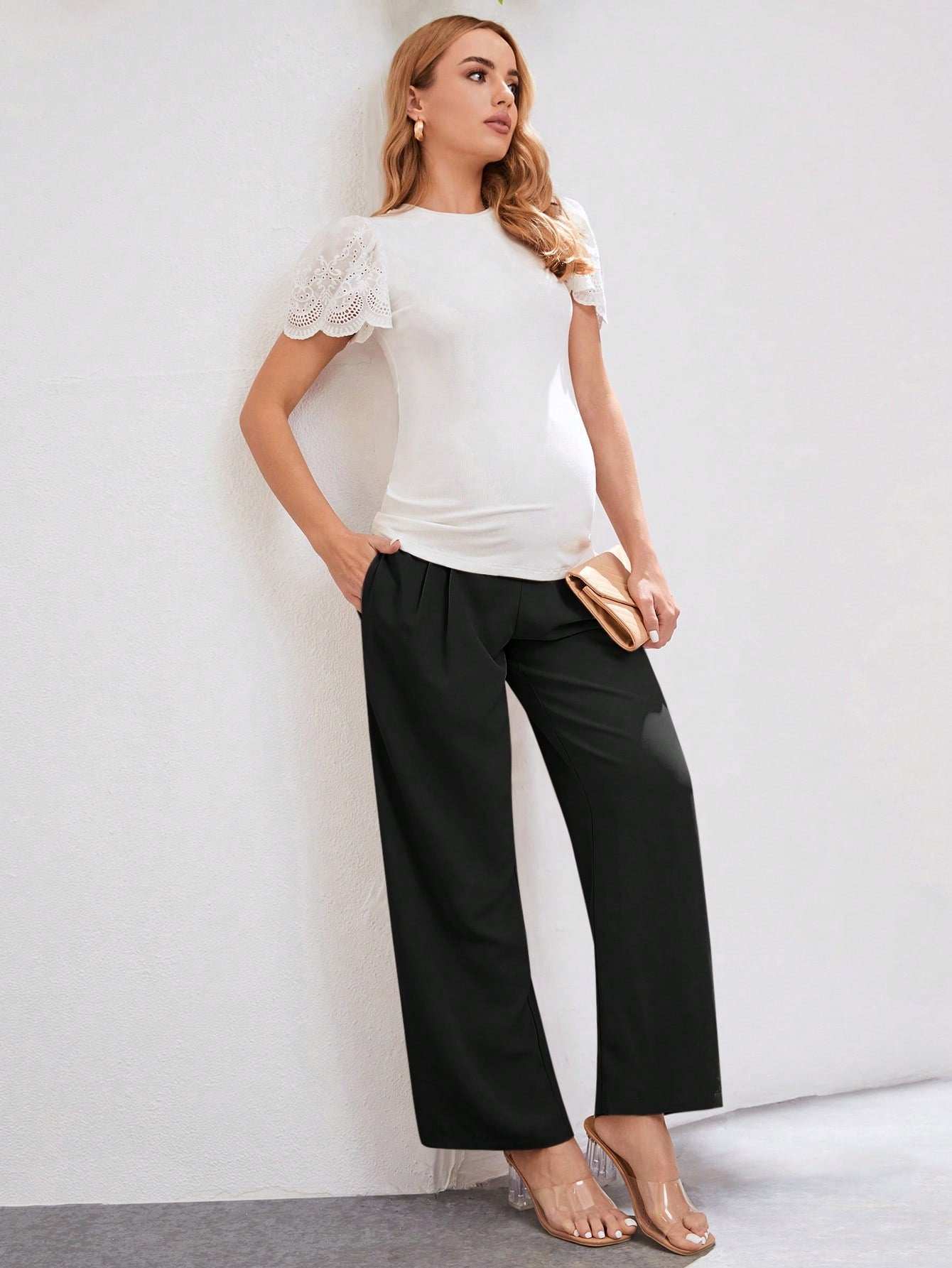 بنطلون حمل لون سادة، ذو خصر مرتفع قابل للتعديل، بسيط وكاجوال، مناسب للارتداء اليومي - Pink&blue