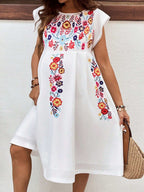 فستان كاجوال بياقة دائرية وأكمام قصيرة رسومات زهور للأمهات للعطلات والمهرجانات الموسيقية - Pink&blue