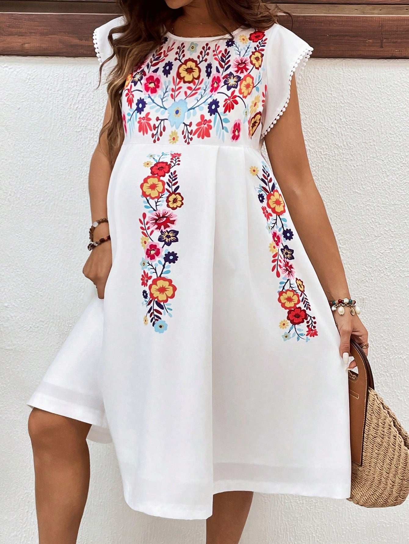 فستان كاجوال بياقة دائرية وأكمام قصيرة رسومات زهور للأمهات للعطلات والمهرجانات الموسيقية - Pink&blue