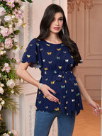 قميص كاجوال للحوامل قصير الأكمام ذو تفصيل بهامش سلحفاة - Pink&blue