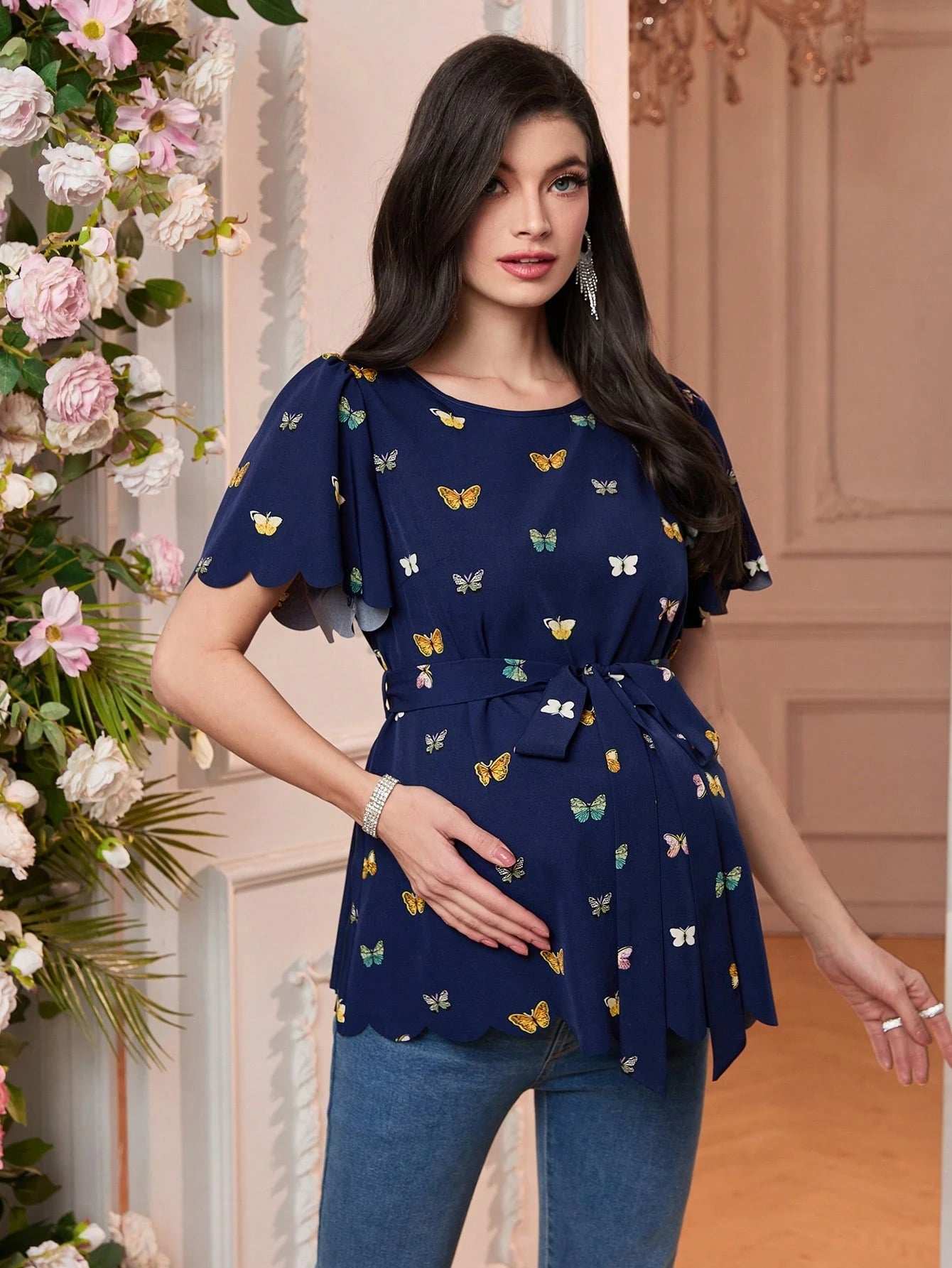 قميص كاجوال للحوامل قصير الأكمام ذو تفصيل بهامش سلحفاة - Pink&blue