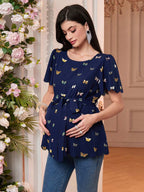 قميص كاجوال للحوامل قصير الأكمام ذو تفصيل بهامش سلحفاة - Pink&blue