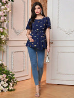 قميص كاجوال للحوامل قصير الأكمام ذو تفصيل بهامش سلحفاة - Pink&blue