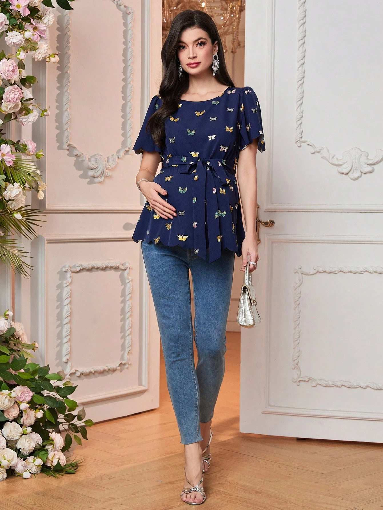 قميص كاجوال للحوامل قصير الأكمام ذو تفصيل بهامش سلحفاة - Pink&blue