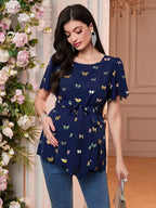 قميص كاجوال للحوامل قصير الأكمام ذو تفصيل بهامش سلحفاة - Pink&blue