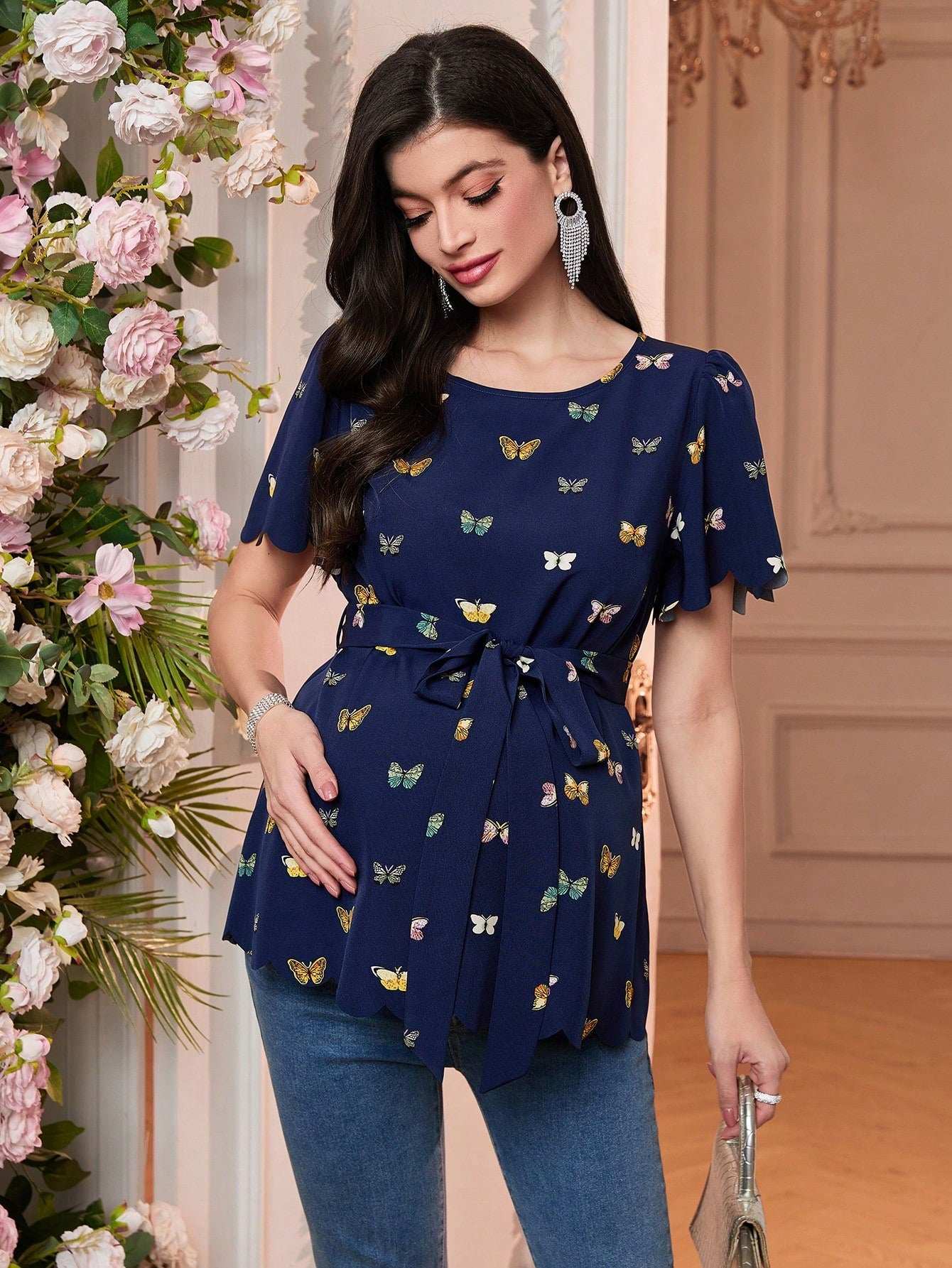 قميص كاجوال للحوامل قصير الأكمام ذو تفصيل بهامش سلحفاة - Pink&blue