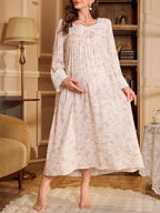 ثوب نوم للحوامل بطراز قصر فاخر مزخرف بطبعات زهور صغيرة مع تريم متباين على الياقة المربعة، ملابس منزلية فاخرة، خريف - Pink&blue