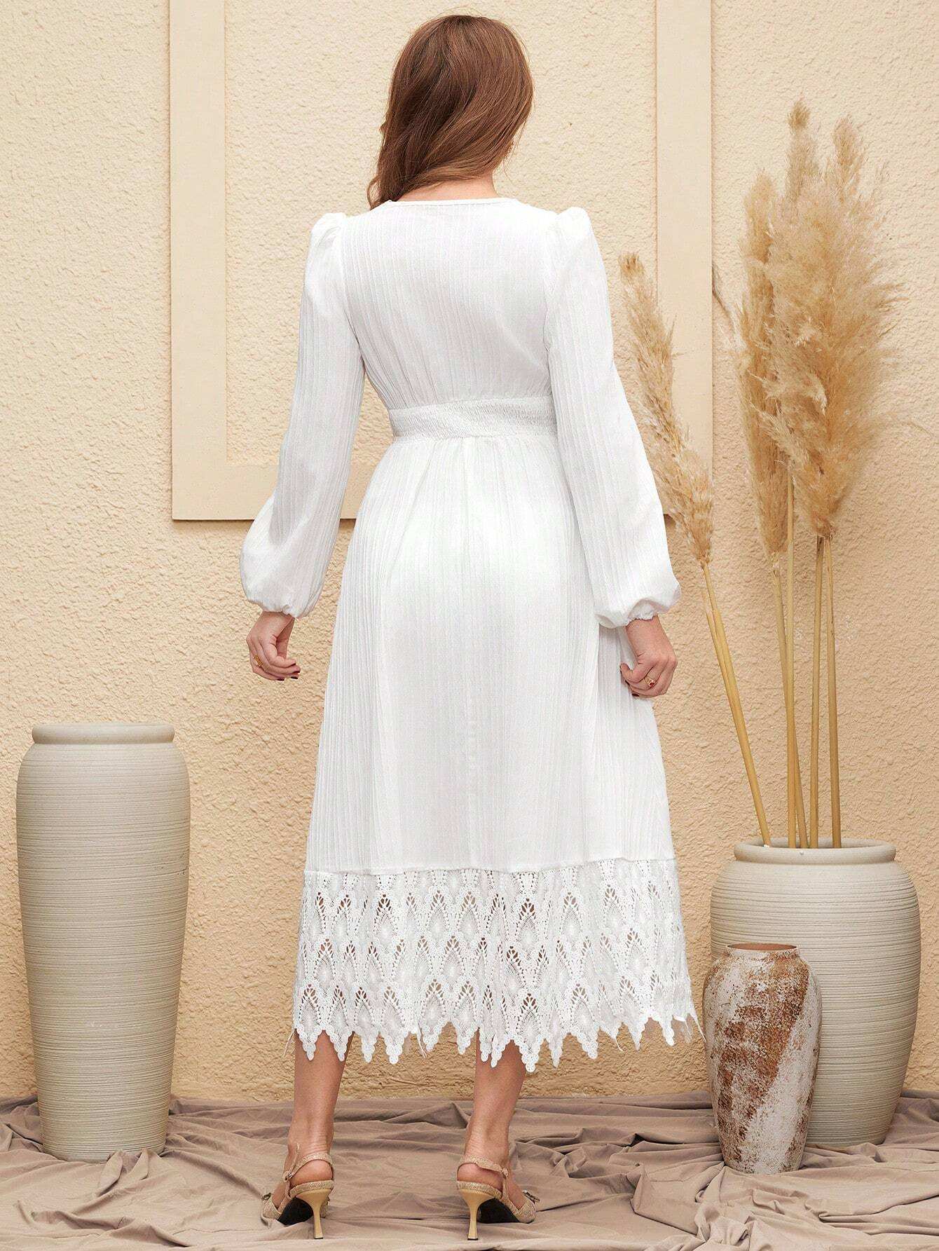 فستان ملابس الحمل للحوامل الطويل الأكمام ، بلون مصمت ، مزين بالدانتيل اللونين - Pink&blue