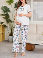 طقم بجامات للأمهات الحوامل بتصميم رسومات الفراشات قصير الأكمام - Pink&blue