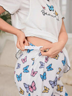 طقم بجامات للأمهات الحوامل بتصميم رسومات الفراشات قصير الأكمام - Pink&blue