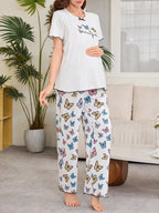 طقم بجامات للأمهات الحوامل بتصميم رسومات الفراشات قصير الأكمام - Pink&blue