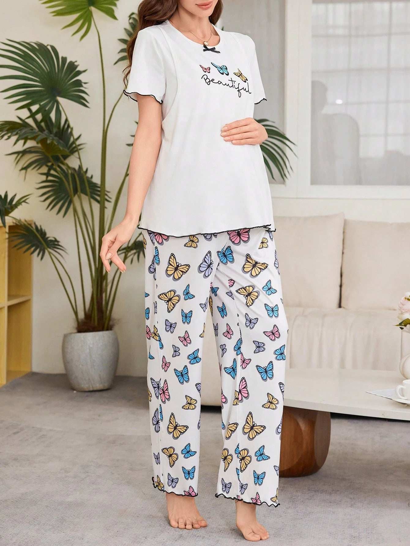 طقم بجامات للأمهات الحوامل بتصميم رسومات الفراشات قصير الأكمام - Pink&blue