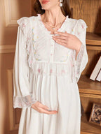 فستان نوم حمل طويل الأكمام فضفاض مريح بطرز أسلوب القصر، قماش فاخر للاسترخاء والعناية، مناسب للأجازات - Pink&blue