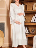 فستان نوم حمل طويل الأكمام فضفاض مريح بطرز أسلوب القصر، قماش فاخر للاسترخاء والعناية، مناسب للأجازات - Pink&blue