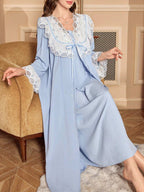 مجموعة قطعتين فستان رداء مع ربطة الخصر الفضفاضة مع أكمام متدلية وفستان سليب بتصميم قصر بلوحة التباين والدانتيل, مناسبة للعطلات والإجازات - Pink&blue