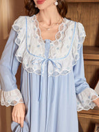 مجموعة قطعتين فستان رداء مع ربطة الخصر الفضفاضة مع أكمام متدلية وفستان سليب بتصميم قصر بلوحة التباين والدانتيل, مناسبة للعطلات والإجازات - Pink&blue