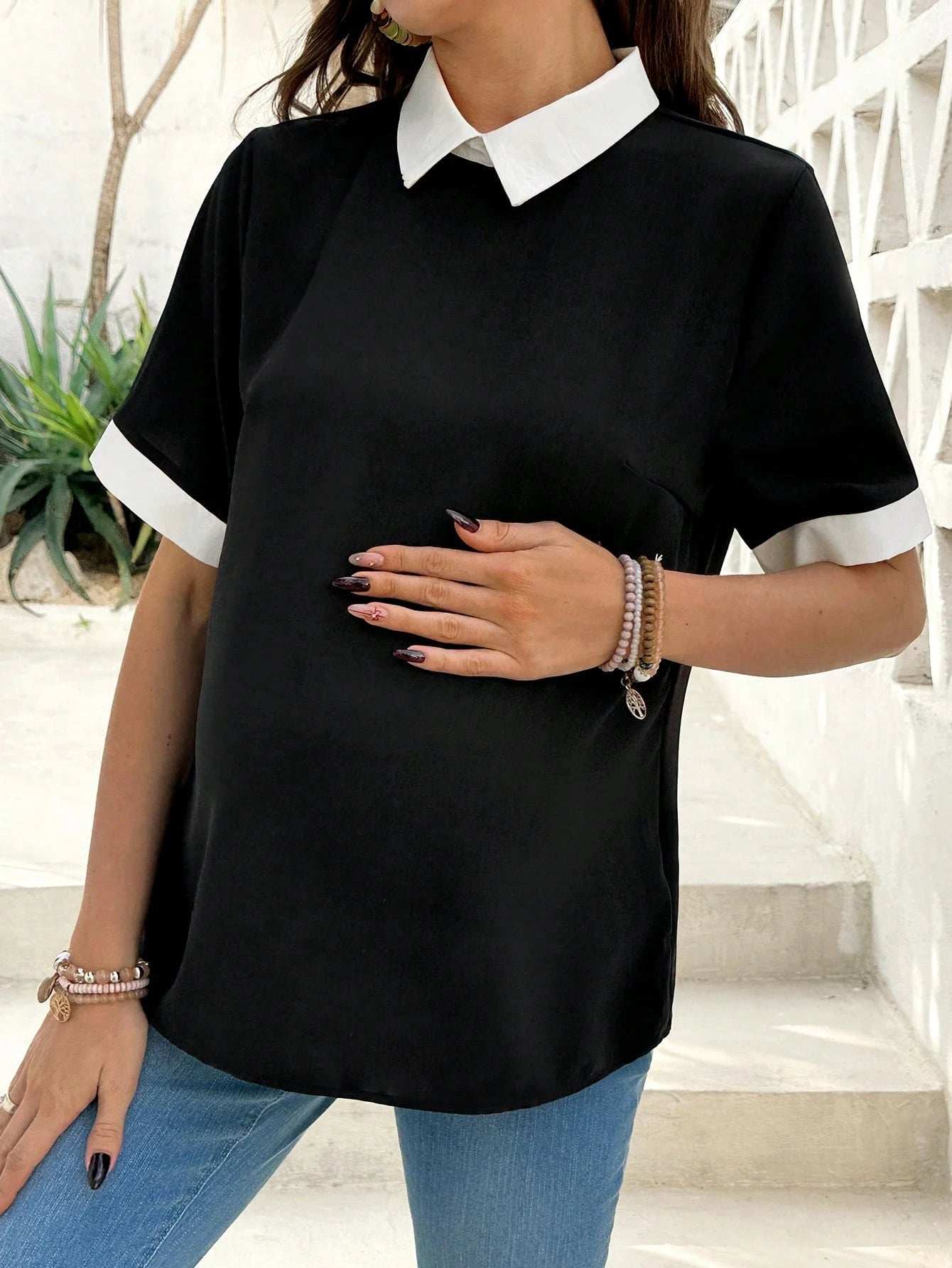 قطعة بلوزة كاجوال قصيرة الأكمام ذات موحد اللون مناسبة للحوامل - Pink&blue