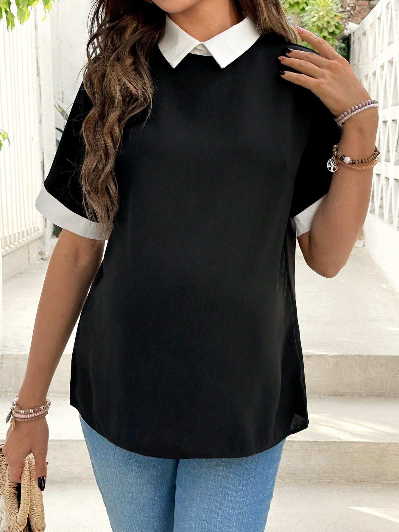 قطعة بلوزة كاجوال قصيرة الأكمام ذات موحد اللون مناسبة للحوامل - Pink&blue