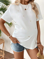 تي شيرت كاجوال قصير الأكمام للنساء الحوامل مطرز بشكل قلب - Pink&blue