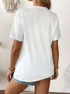 تي شيرت كاجوال قصير الأكمام للنساء الحوامل مطرز بشكل قلب - Pink&blue