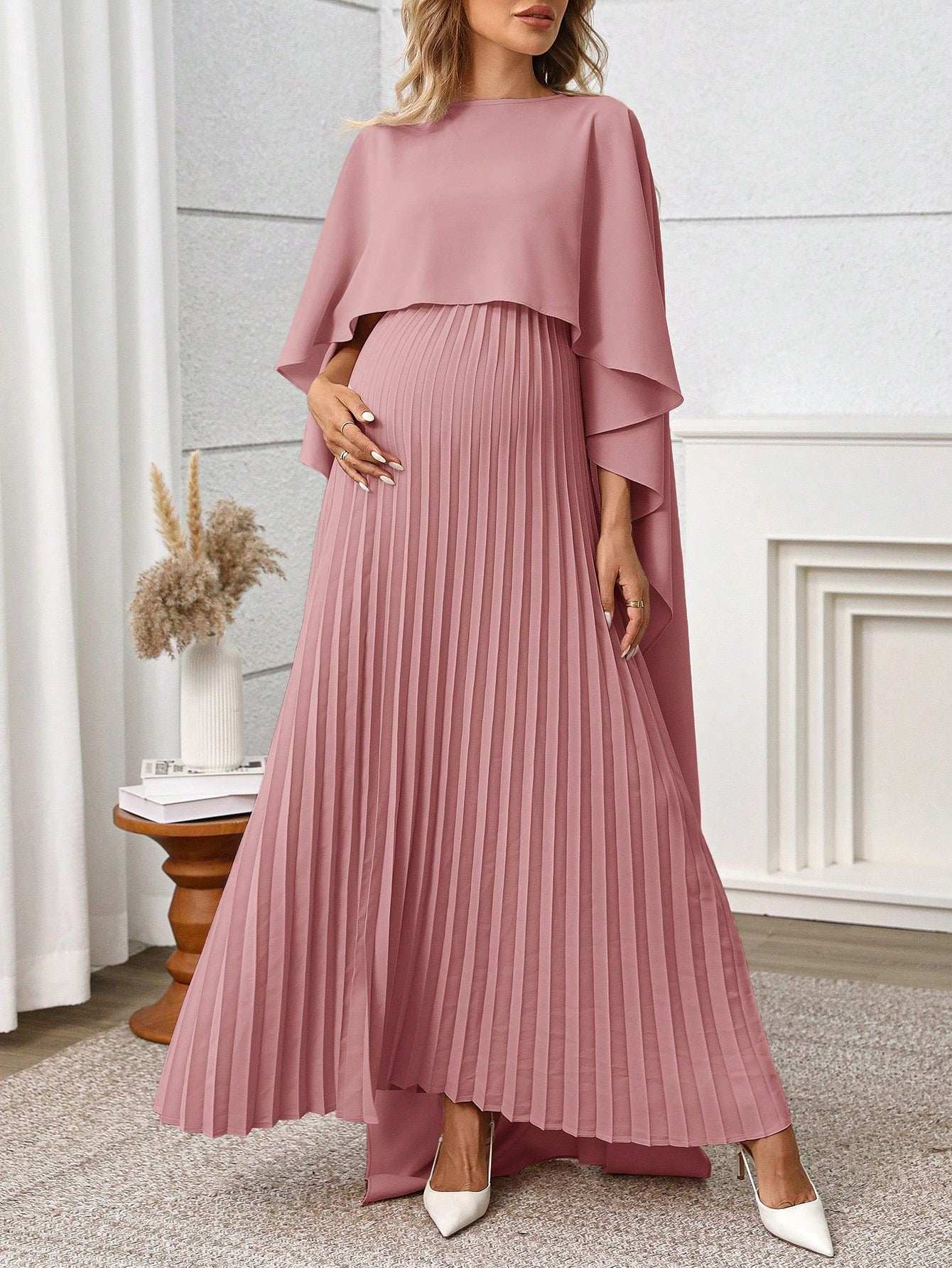 فستان من سيرين للحوامل بأكمام بونشو أنيق لون أحادي بطراز بسيط وعصري - Pink&blue