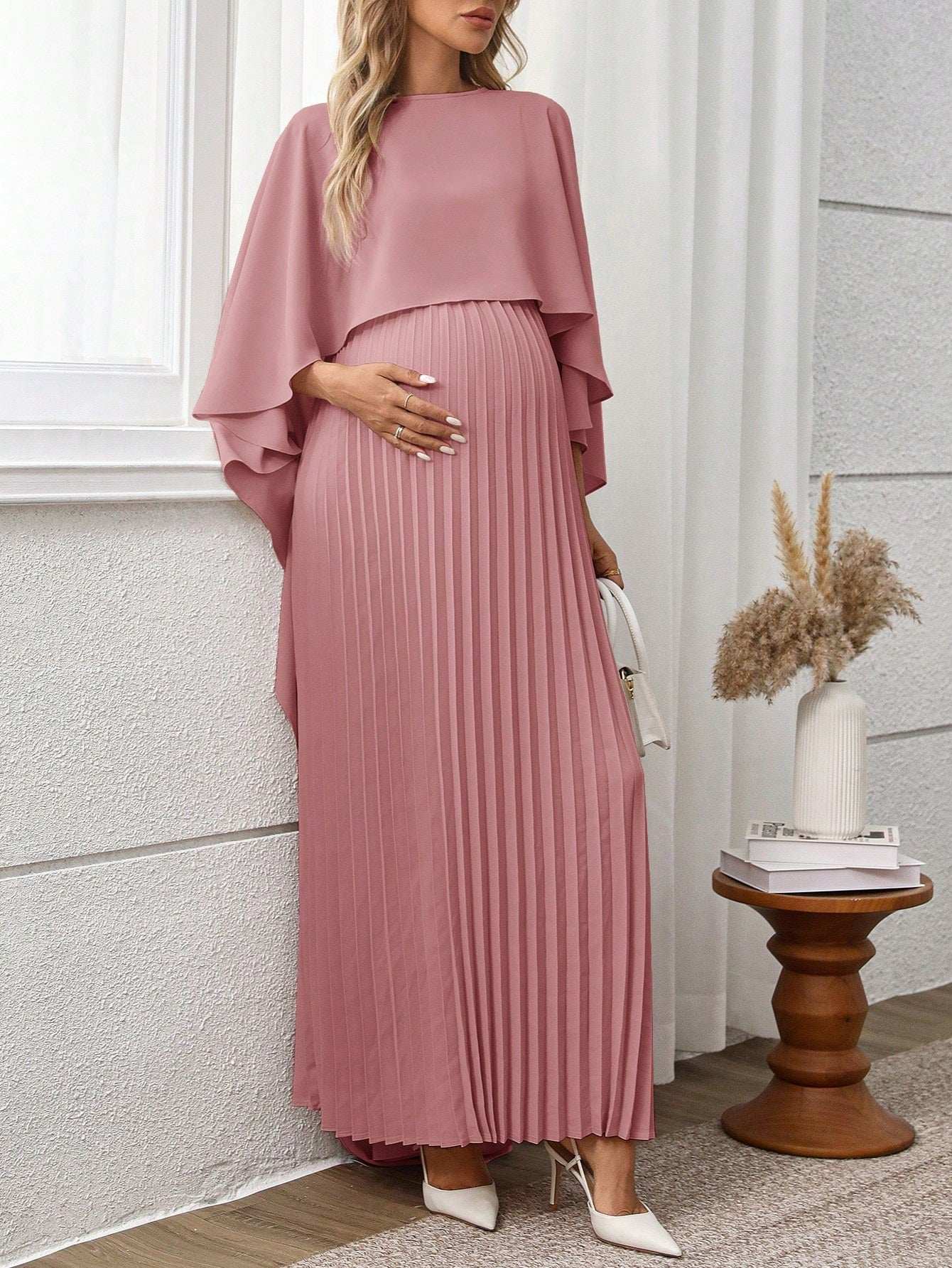 فستان من سيرين للحوامل بأكمام بونشو أنيق لون أحادي بطراز بسيط وعصري - Pink&blue