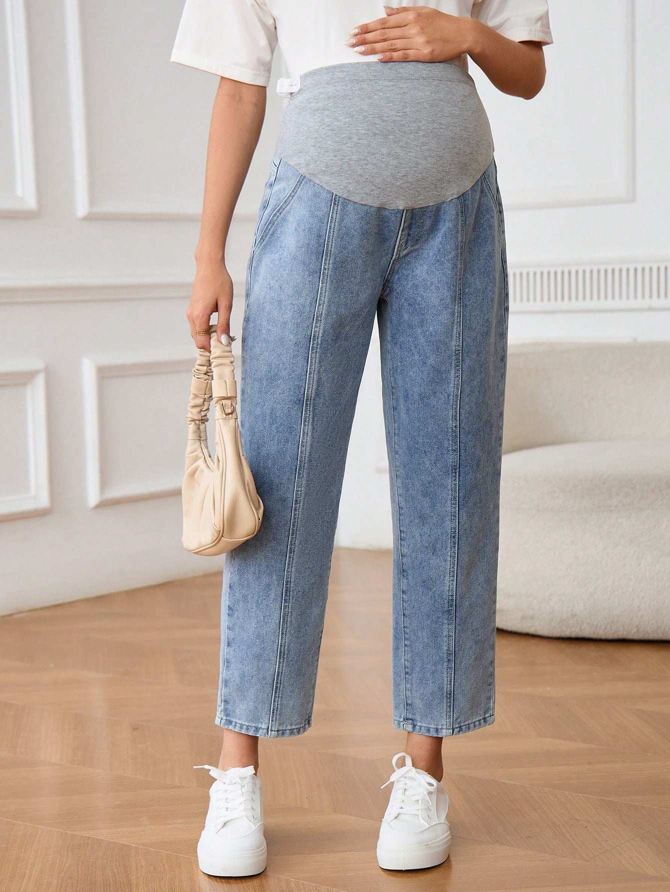 جينز حمل سيدات حوامل بقصة جيب بسيطة ، ملابس كاجوال للسيدات للاستخدام اليومي في الصيف - Pink&blue