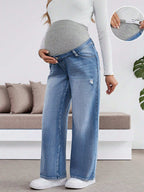 سراويل طويلة مفتوحة مرنة فضفاضة باللون الأزرق الداكن للنساء الحوامل، مع حمالة بطن - Pink&blue