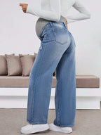 سراويل طويلة مفتوحة مرنة فضفاضة باللون الأزرق الداكن للنساء الحوامل، مع حمالة بطن - Pink&blue