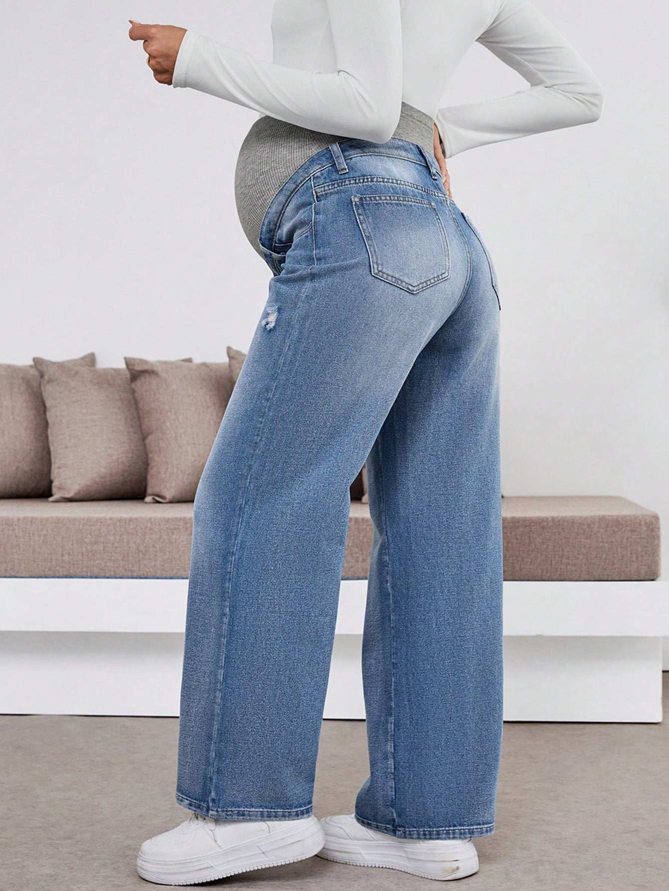 سراويل طويلة مفتوحة مرنة فضفاضة باللون الأزرق الداكن للنساء الحوامل، مع حمالة بطن - Pink&blue