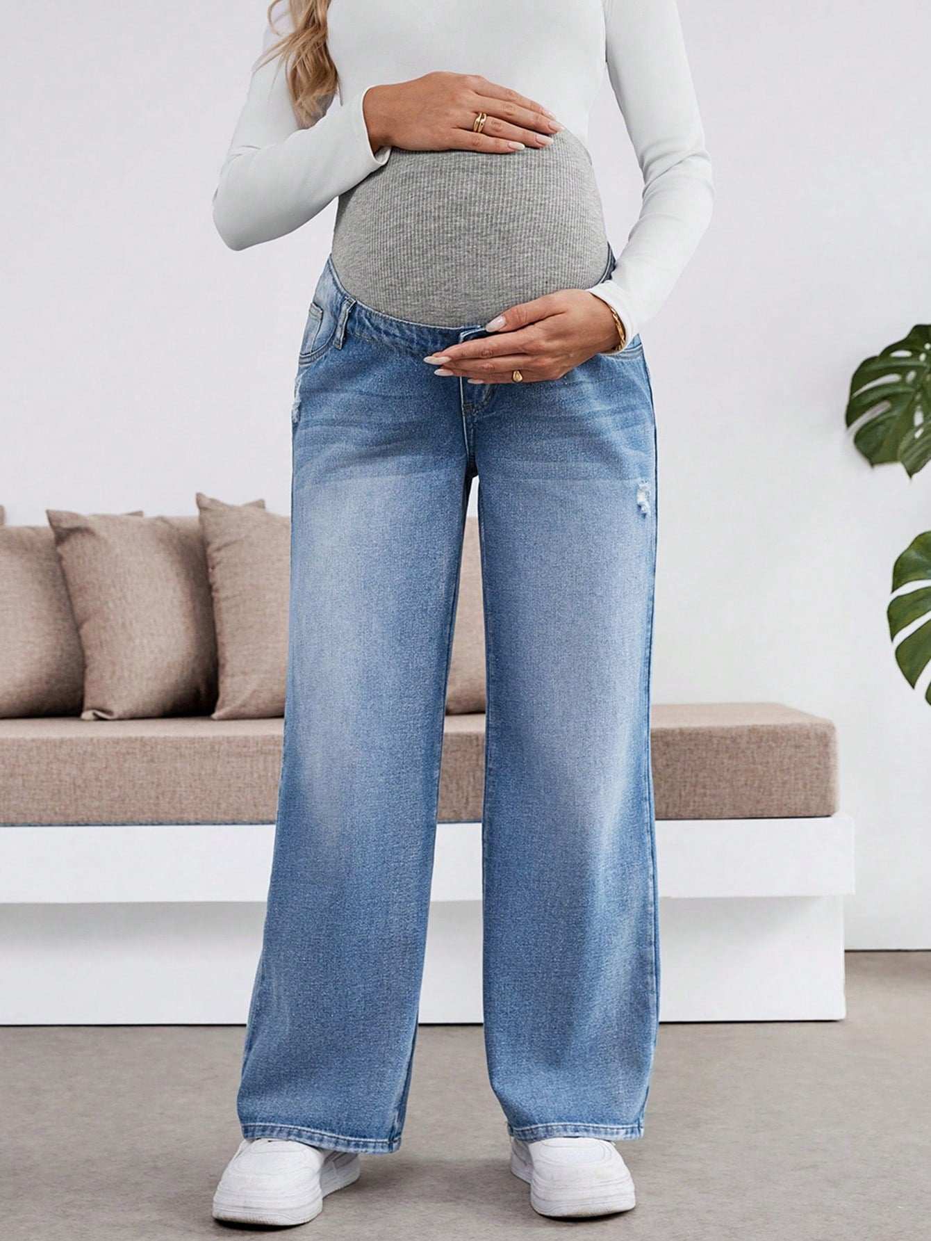 سراويل طويلة مفتوحة مرنة فضفاضة باللون الأزرق الداكن للنساء الحوامل، مع حمالة بطن - Pink&blue